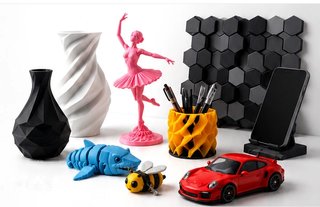 Vasos, bailarina, organizador, suporte de celular, animais articulados e carro produzidos em impressão 3D