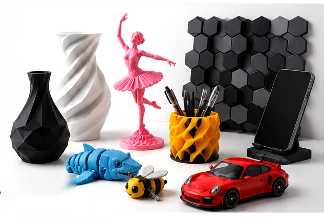 Composição premium com produtos de impressão 3D: vasos, bailarina, organizador, suporte, articulados e linha automotiva