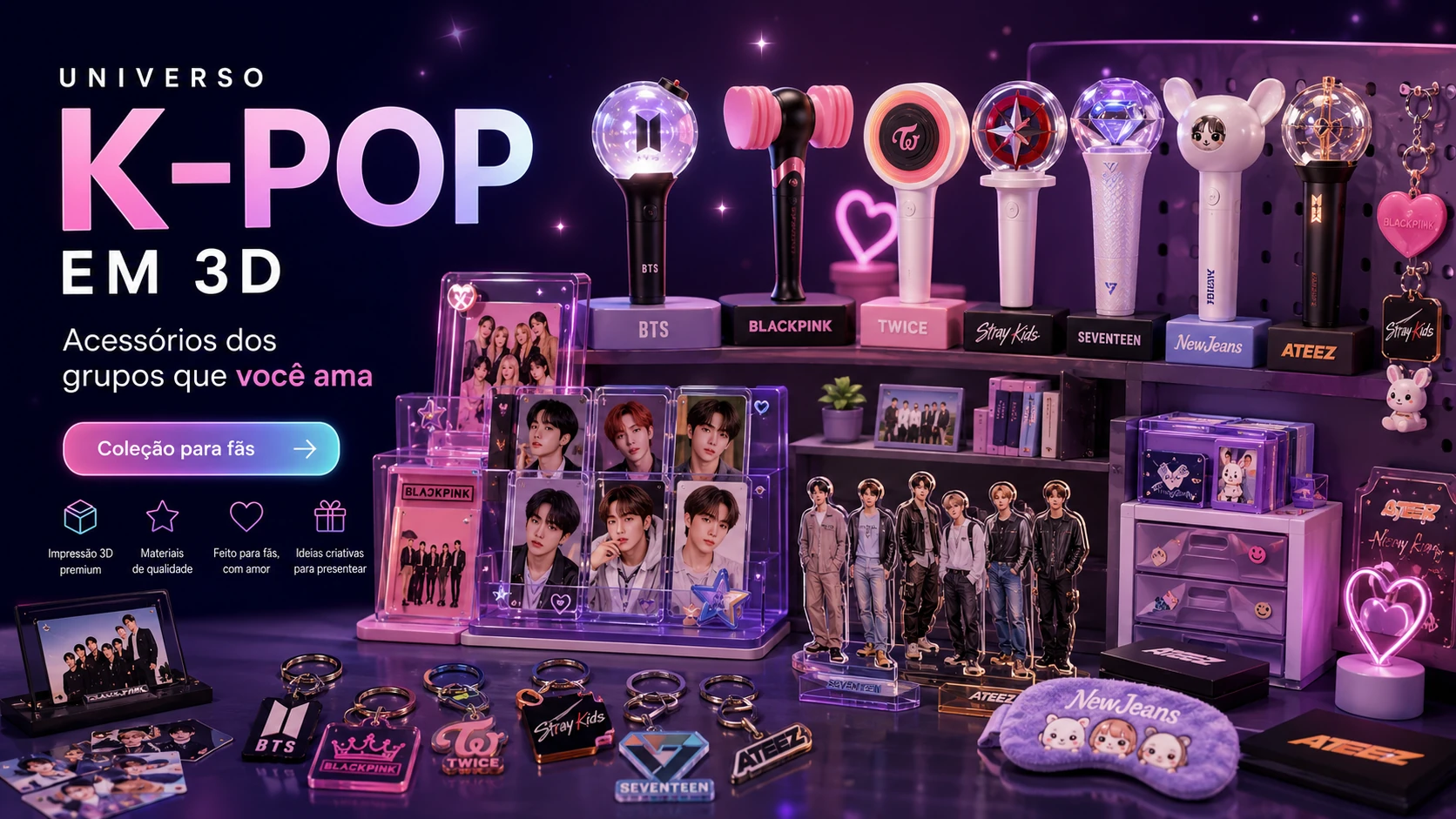 Universo K-pop com lightsticks, photocards, chaveiros e expositores inspirados em grupos reais