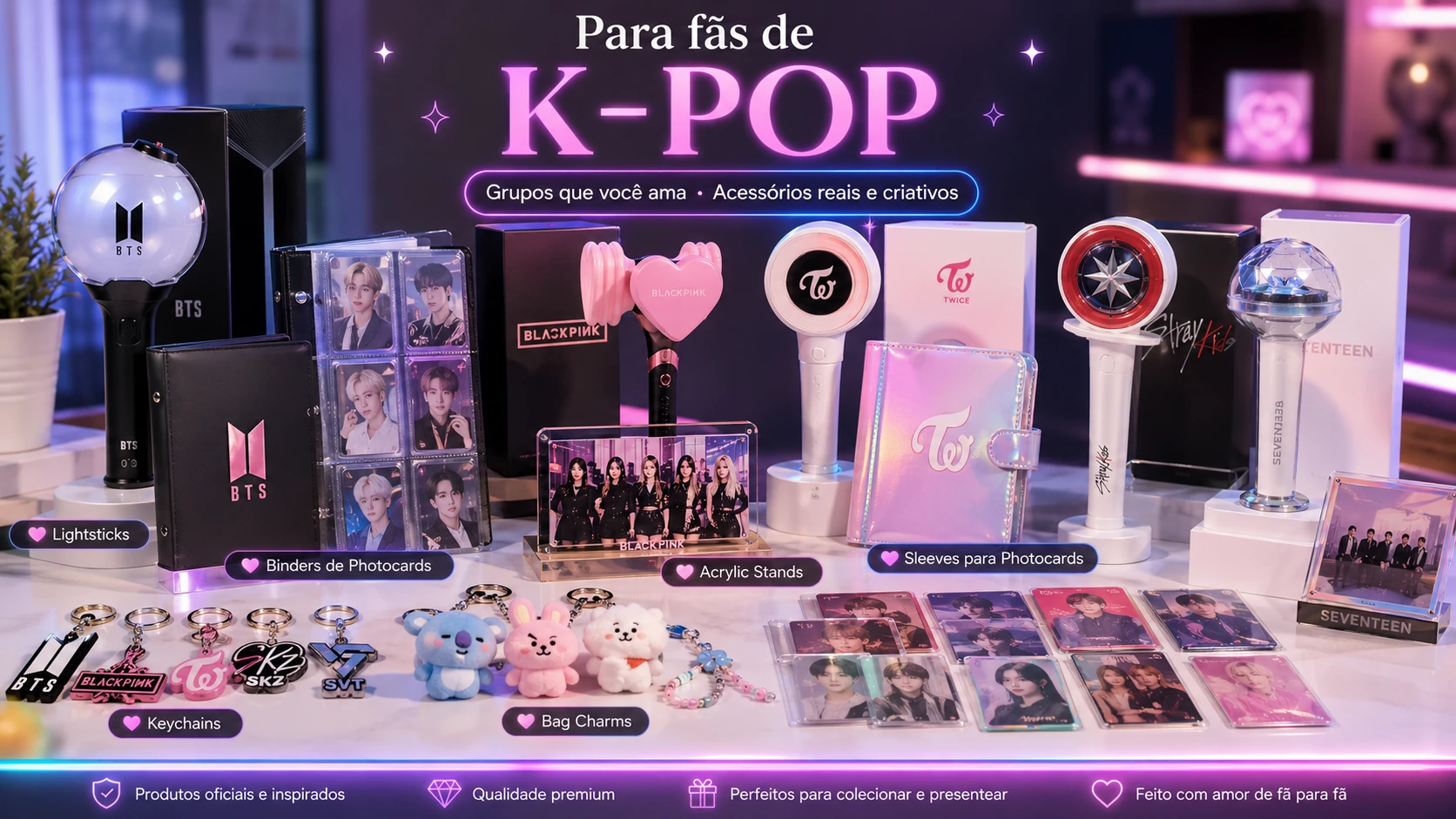 Coleção K-pop com lightsticks, photocards, binders, chaveiros e acessórios para fãs